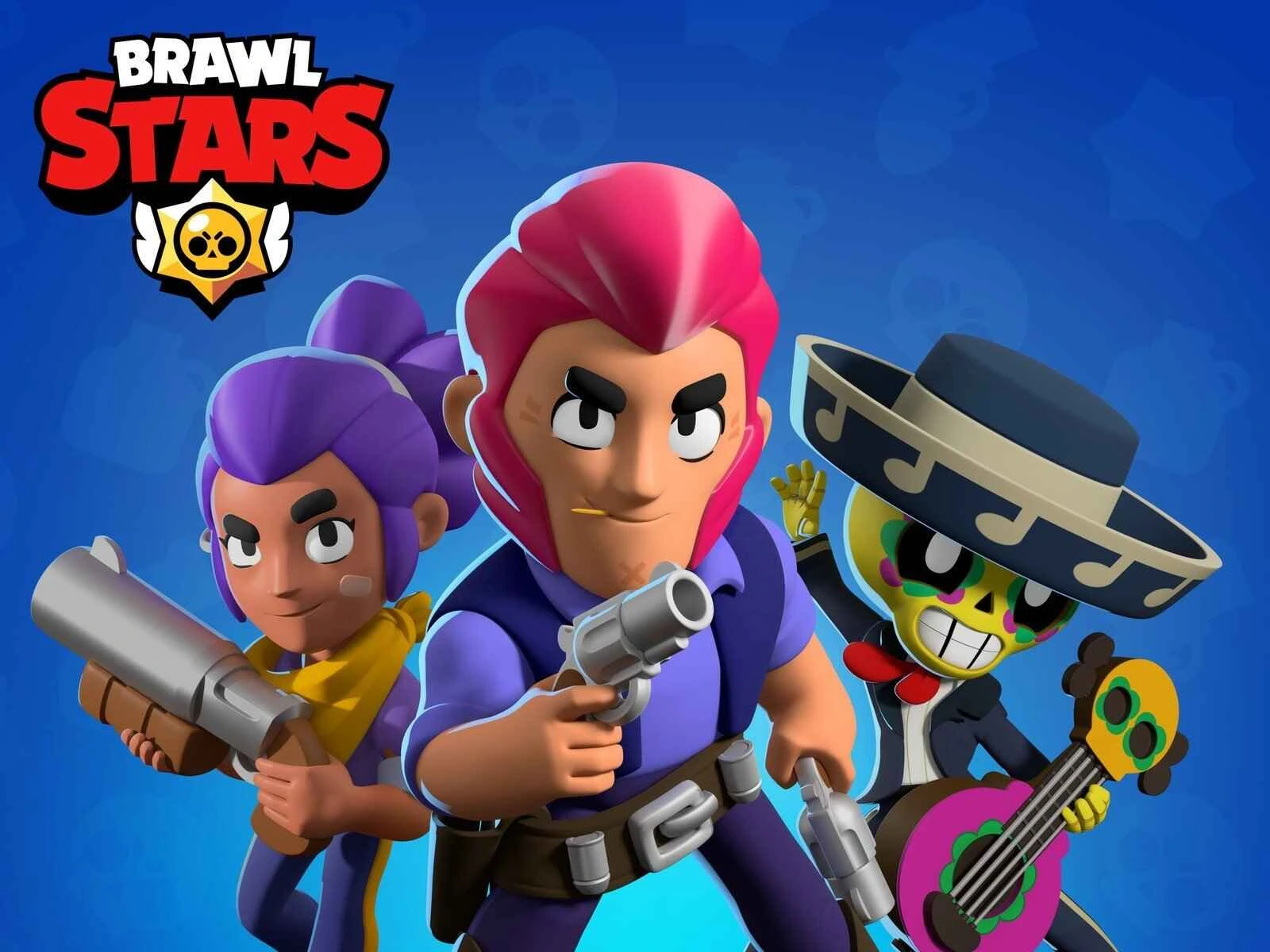 Nulls Brawl vs Brawl Stars karakterleri – Shelly, Colt ve Poco ile mavi arka plan üzerinde oyun tanıtım görseli